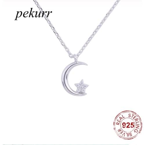 Pekurr 925 Sterling Silver Crescent Moon Necklaces For Women Zircon Star Pendants Choker Accesories Fashion Jewely