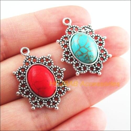 10Pcs Retro Tibetan Silver Tone Oval Flower Blue&Red Stone Charms Pendants 22.5x29mm