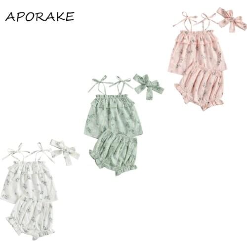 2021 0-24M Sweet Baby Girl Summer Clothing Little Floral Print Bandage Ruffle Sleeveless Top+Triangle Shorts+Headband 3pcs Set