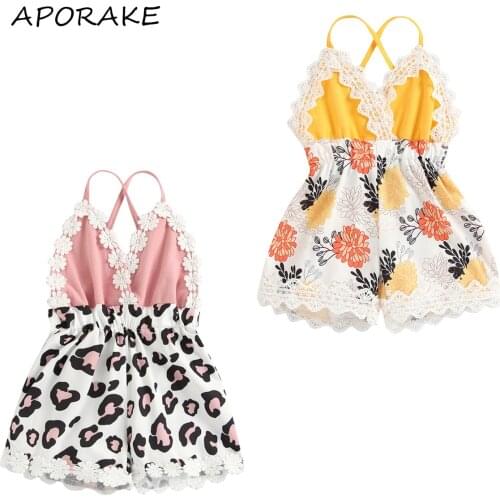 2021 0-3Y Cute Kids Baby Girl Playsuit Summer New 3D Flower Lace V Neck Leopard/Floral Print Backless Romper Outfit