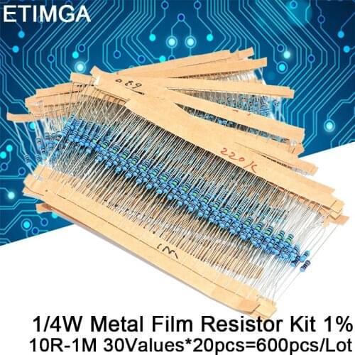 600pcs/Lot 1/4W Metal Film Resistor Kit 1% 10R ~ 1M 30Values x 20pcs Commonly used