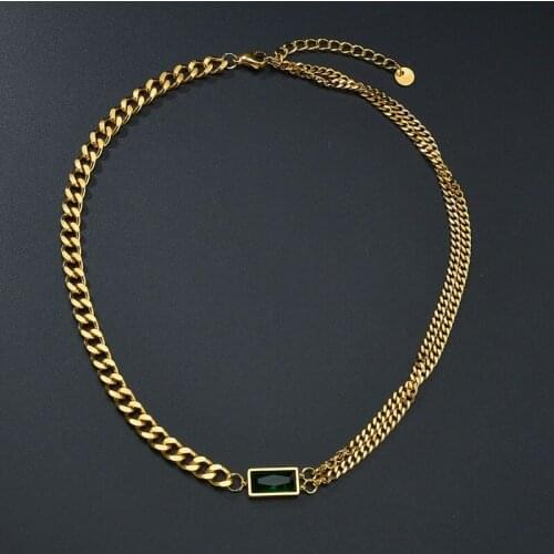 ALLNEWME Stylish Chunky Cuban Chain Necklace for Women Green Color Rectangle Stone Asymmetric Titanium Steel Choker Necklaces