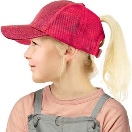 Glitter Ponytail Baseball Cap Girl Snapback Dad Hat Mesh Trucker Caps Messy Bun Summer Hat Kids Adjustable Hip Hop Hats