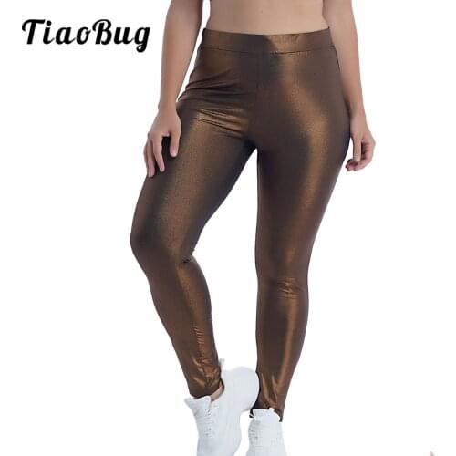 Shiny Metallic Stretch Dance Pants Women Disco Elastic Party Costume Yoga Workout Sports Leggings