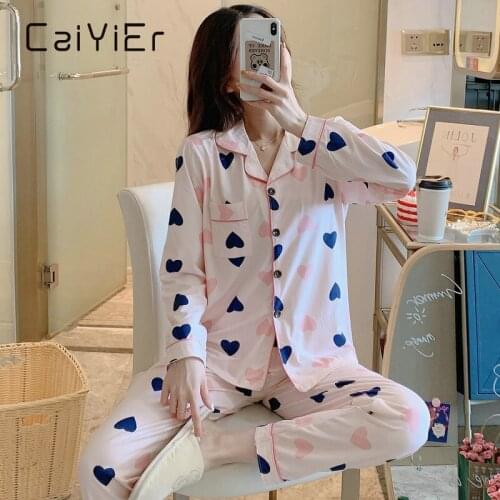 CAIYIER Women Winter Pajamas Set Pink Love Print Sleepwear Cotton Long Sleeve Nightwear Girls Outer Wear Bathing Home Clothing
