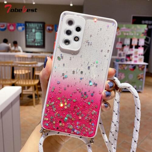 Necklace Lanyard Bling Glitter Case For Samsung Galaxy A51 A71 A11 A01 Core A21S A31 A02S Strap Cord Chain Soft Silicone Cover
