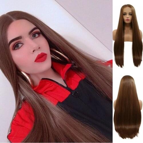 Sylvia Long Silky Straight Lace Front Wigs for Women Brown/Red/1B Synthetic Wigs Middle Parting Heat Resistant Fiber Hair Wigs