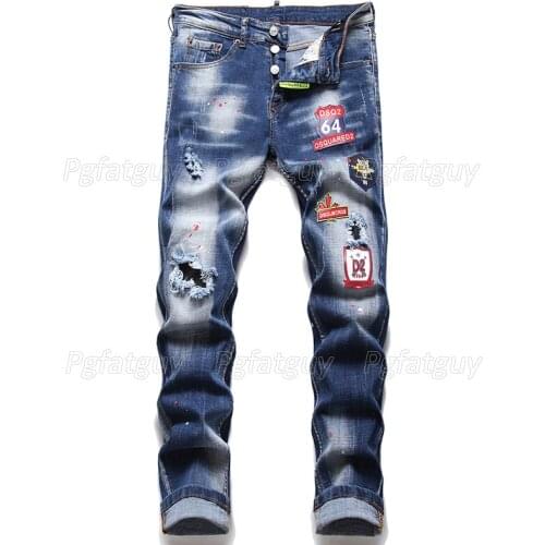 Mens Stylish Badge Decorate Jeans 2021 Ripped Patches Torn Hole Denim Pants Stretch Slim Straight Casual Skinny Streetwear