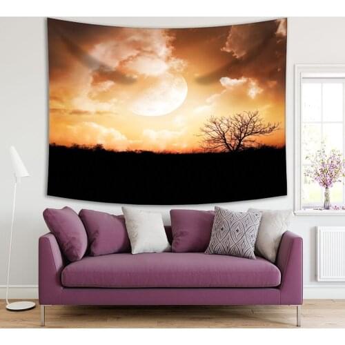 Tapestry Moon Cloudy Sky Tree Wild Nature under Moonlight Magical Autumn Night View Printed Brown Black