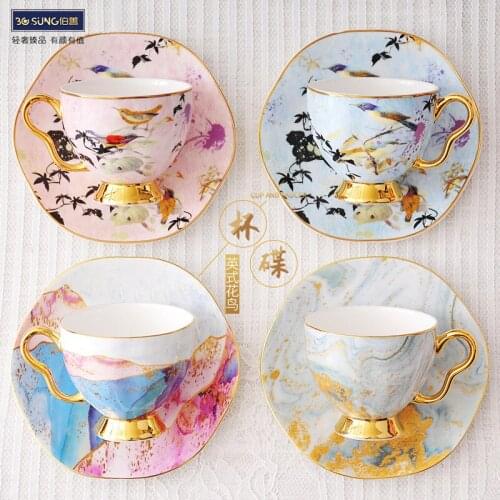 Nordic English Gold Handle Coffee Cup and Saucer Sands Effect Bone China Coffee Cup and Saucer