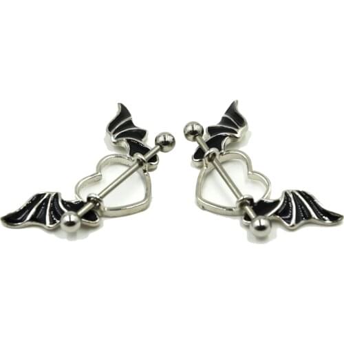 PAIR Stainless Steel Bat Wing Nipple Shield Ring Angel Heart Piercing Barbell Jewelry 14g