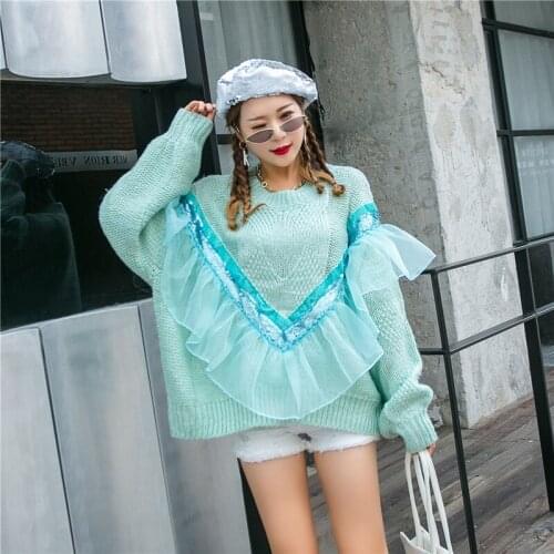 O-Neck Sweet Cute Mesh Ruffles Womens Knitted Sweater Solid Sequins Ribbon Fashion Streetwear Chic Long Sleeve Vintage Pullover