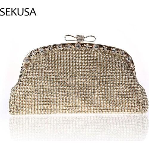 Soft Bow Metal Evening Bags Diamonds Chain Shoulder Wedding Bridal Day Clutch Half Moon Party Shoulder Purse