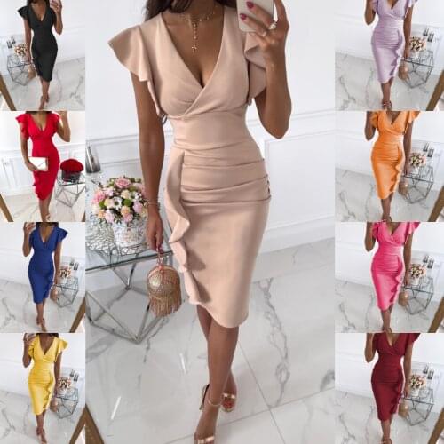 Summer Women Plain V-Neck Ruffle Hem Ruched Midi Dress 2021 Femme Elegant Butterfly Sleeve Bodycon Robe Lady Prom Outfits traf