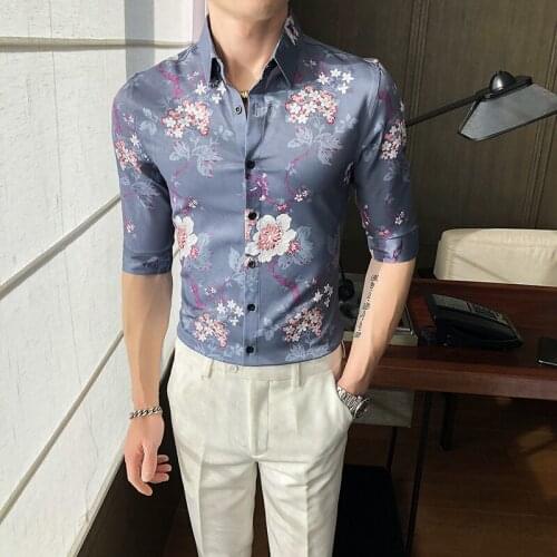 Men Fashion Luxury Brand Social Business Shirt Men Slim Fit Half Sleeve Floral Shirts Men Dress Fashion New Autumn Print Blouse
