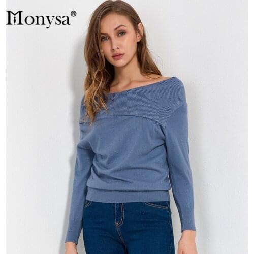 Off Shoulder Stweater Women 2017 Autumn New Arrivals Fashion Long Sleeve Jumper Ladies Streetwear Pullover Knitted Sweaters Blue