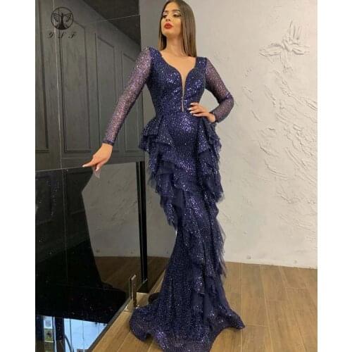 Sexy Illusion Deep V Neck Long Sleeve Floor Length Bling Bling Mermaid Prom Dresses 2020