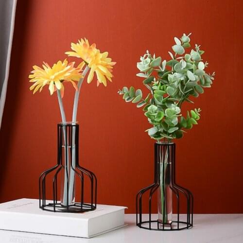 Nordic Creative Vase Home Decor Glass Vase Hydroponic Plant Holder Iron Line Flowers Ornament Home Bedroom Garden Decor Hot Sale