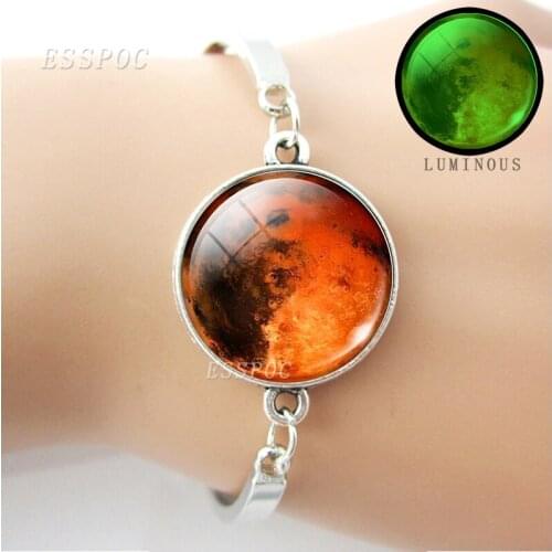 Glowing Moon Bracelet with Silver Color Glass Cabcohon Galaxy Moon Glow in the Dark Charm Bracelet Bangle for Men Women Gift