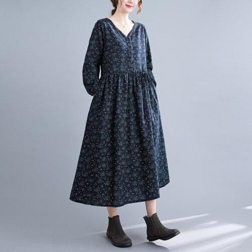 Cotton Linen Print Floral Vintage Dress 2021 New Arrival Long SLeeve Women Casual Spring Autumn Dress Office Lady Work Dress