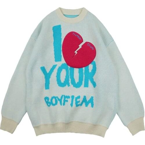 Vintage Harajuk Winter New Broken Heart Pattern Letter Sweater Full Sleeve Oversized Pullovers Loose Knitting Casual Sweater