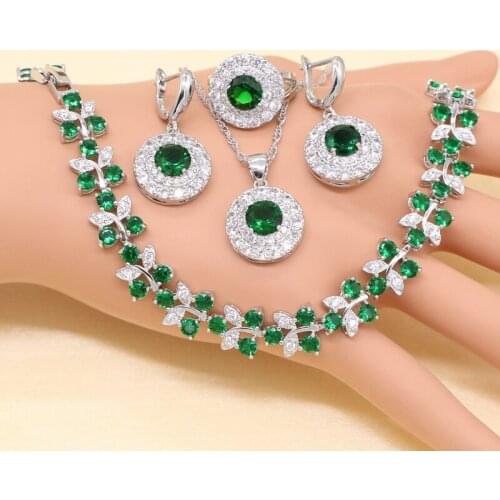 Green Zircon Costume Silver Jewelry Sets Women Earrings With Stones Bracelets Necklace Pendant Rings Gift Box