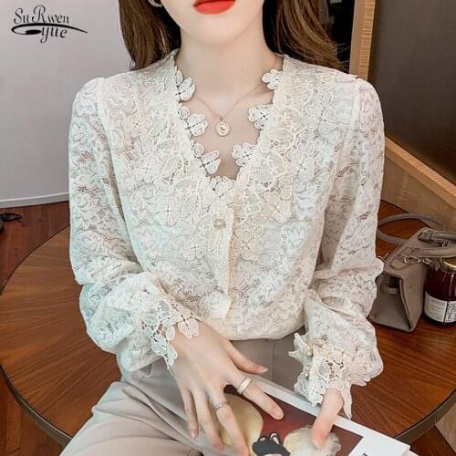 Autumn New 2021 Sweet Crochet Flower Shirt French V-neck Hollow Out Lace Blouse Women Elegant Long Sleeve Womens Clothing 17088