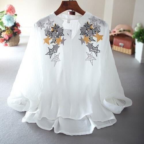 Womens Spring Summer Designer Star Embroidery Chiffon Shirt Female High Waist Casual Loose Plus Size T Shirt Top TB492