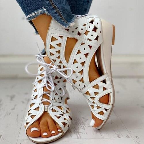 2021 dropship big size 43 shoelace hollow gladiator summer hot women sandals leisure wedges heels comfortable women shoes