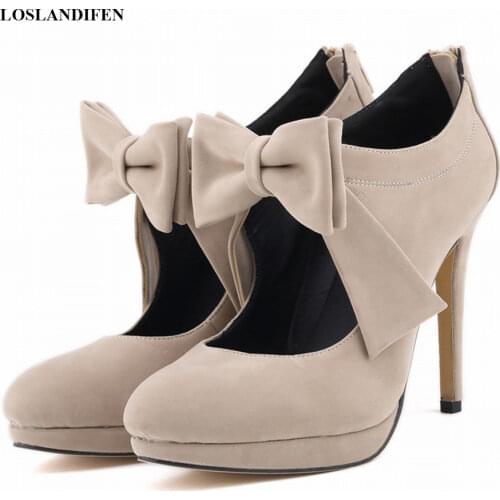 LOSLANDIFEN Sweet Bowtie Women Pumps Wedding Bridal Shoes Flock Shallow High Heels Shoes Round Toe Platform Fashion Shoes Party