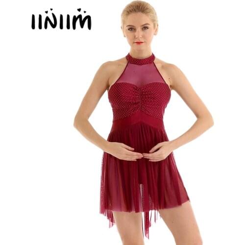 Iiniim Ballet Leotards for Womens Halter Neck Polka Dots Irregular Tulle Hem Adult Gymnastics Leotard Ballerina Dress Costumes