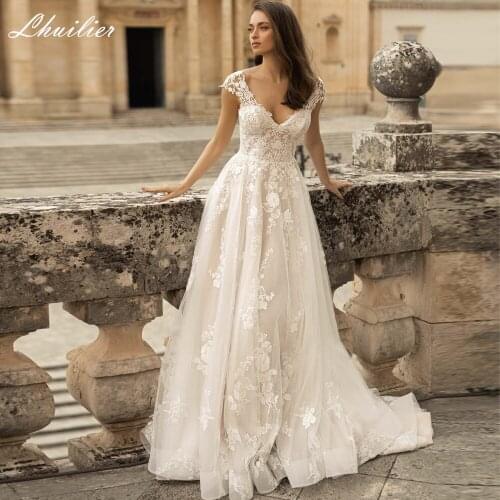 Lhuilier A-line V Neck Lace Appliques Wedding Dresses 2020 Floor Length Sleeveless Court Train V-Back Bridal Dress