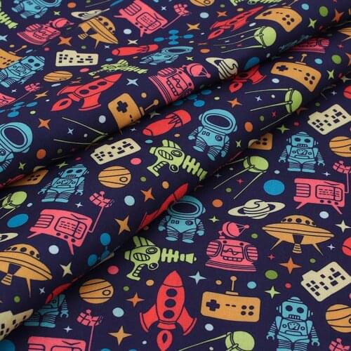JOJO BOWS Polyester Cotton Cloth Fabric Cartoon Spacecraft Printed Fabrics DIY Dress Patchwork Sewing Accessories 45*145cm 1pc