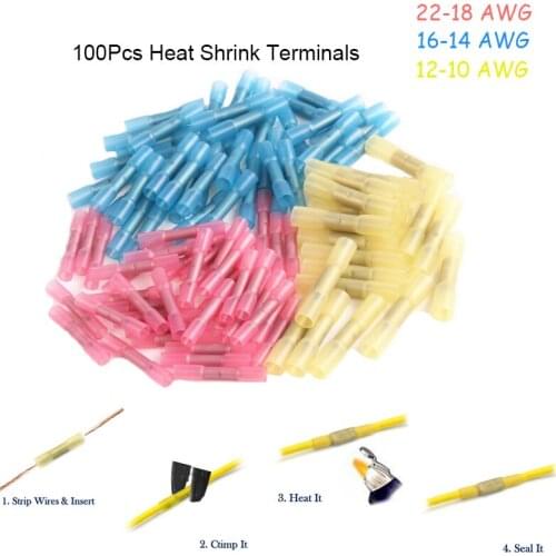 100Pcs/Set For 22-10 AWG Waterproof Heat Shrink Butt 3 Sizes Crimp Terminals Insulated Electrical Wire Cable Connectors