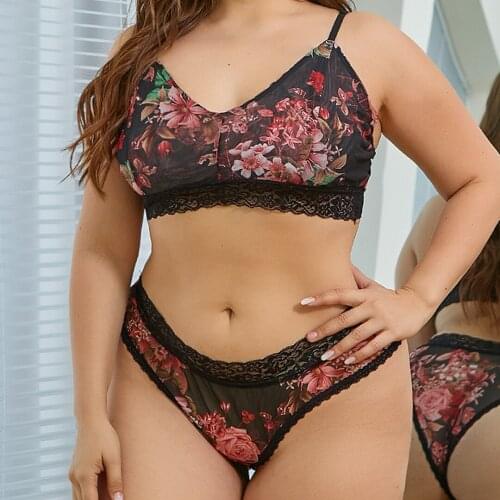 2021 Large size womens underwear Suit lace Floral Pringting fashion Sexy pajamas All Seasons Plus Size XL-4XL Purple Black