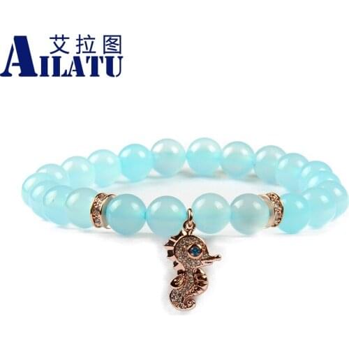 Ailatu Lovely Sea Horse Charm Pulseiras Jewelry For Lover 8mm Natural Blue Stone Beads Hippocampus Bracelet Animal Shape