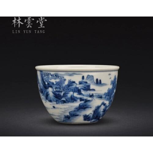 Jingdezhen blue and white porcelain hand painted Kangxi landscape jar cup kungfu tea set master cup handmade ceramics