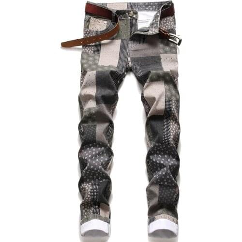 Mens Fashion Patched Jeans Pants Hi Street Floral Denim Trousers Flower Patchwrok Slim Fit Stretchy Streetwear Bottoms