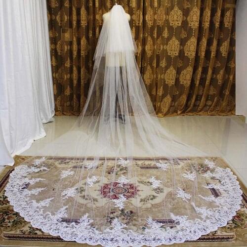 High Quality Lace Long Wedding Veil 4 Meters 2 Layers Bridal Veil with Comb White Ivory 2T 4M Veil Wedding Accessories