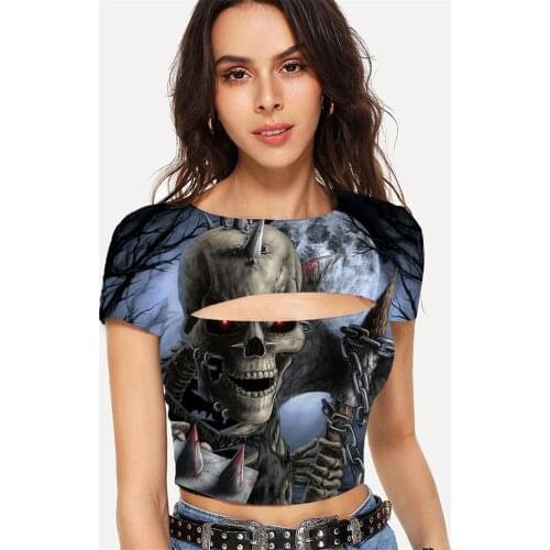 Somepet Skull T shirt Women Skeleton T-shirts 3d Halloween Tshirts Casual Moon Navel Bare Short Sleeve Summer New Streetwear