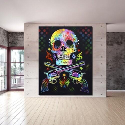 JQHYART Wall Pictures For Living Room Canvas Art Abstract Colorful Painting Skull and Guns Woman Home Decor Landscape Painting