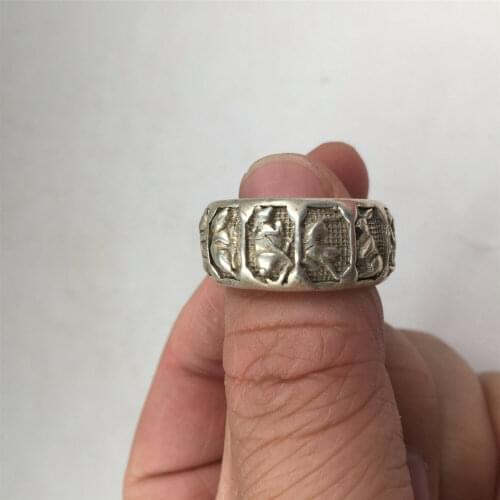China old antique Tibetan silver Chinese 12 Zodiac dragon tiger 20mm ring