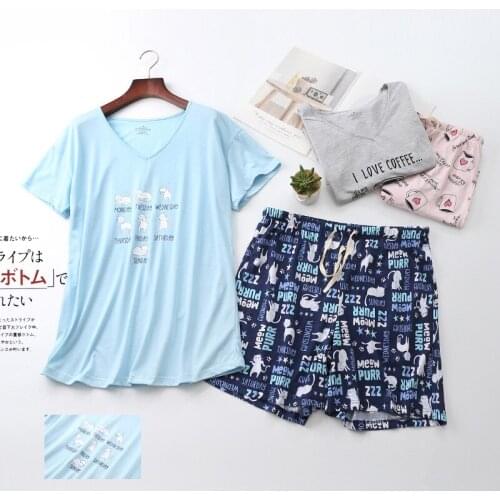 Summer Short-sleeved Ladies Lively and Cute Knitted Pajamas Two-piece Casual Loose Large Size Cotton Printed Home Service Suit