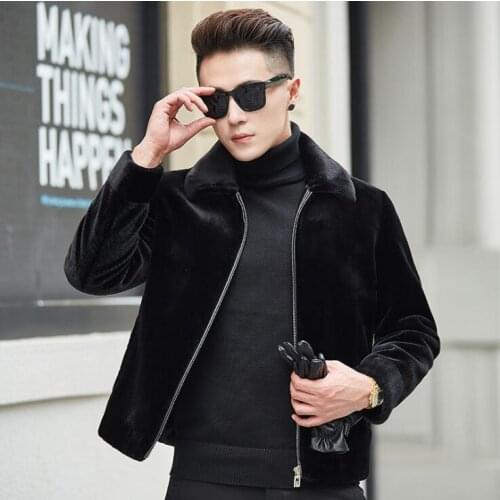 Mink fur leather jacket mens warm short faux fur leather coat men loose jackets lapel winter autumn thicken jaqueta de couro