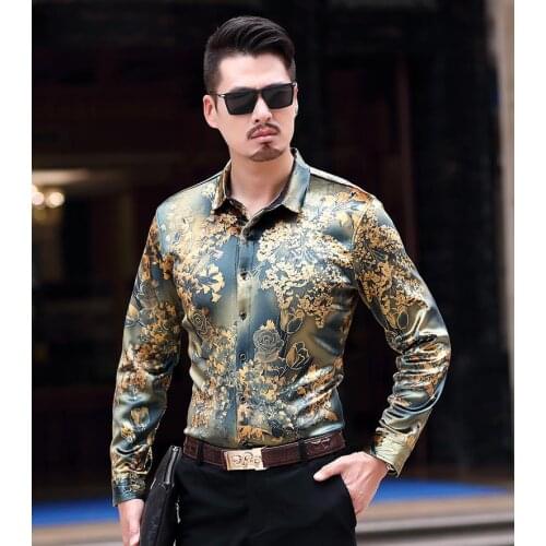 Mens Silk Velvet Shirt Fashion Floral Print Long Sleeve Casual Thick Liner Velour Shirts Winter Warm Dress shirt