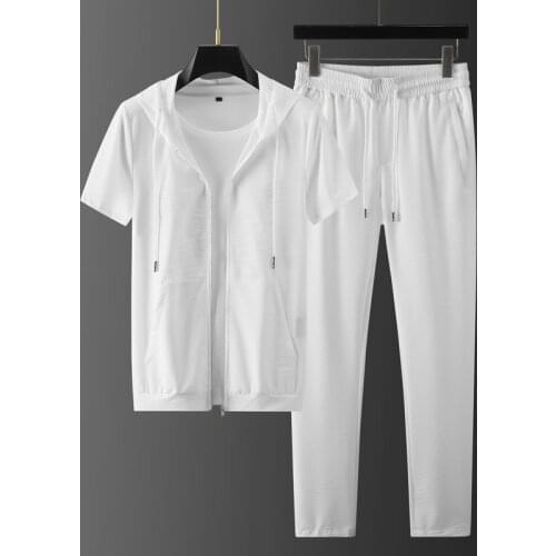 New Summer Hooded Mens Sets (t-shirt+pants) Luxury Short Sleeve Zipper Male Sets Fashion Slim Fit Sport Casual Man Suits 4XL