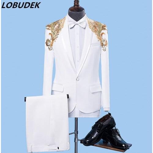 Male Formal Suits white Sequins Slim Blazers singer stage performance Costume Wedding Party Prom Host Chorus singer Stage suit