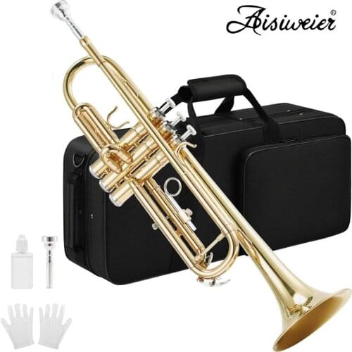 Aisiweier Gold Trumpet Brass ATR-380 Standard Bb Trumpet Set For Student Beginner With Hard Case,Gloves, 7 C Mouthpiece