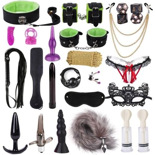 Sexy Leather BDSM Kits Plush Sex Bondage Fox Tail Vibrator Set Handcuffs Sex Games Anal Plug Nipple Clamps Sex Toys for Couples