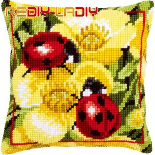 Cross Stitch Cushion Cover Ladybugs Flowers Sofa Pillows Chunky Cross-Stitch Kits 100% Acrylic Yarn Pillow Case Hobby & Crafts